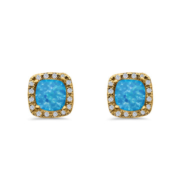 Halo Cushion Engagement Earrings Yellow Tone, Lab Created Blue Opal 925 Sterling Silver